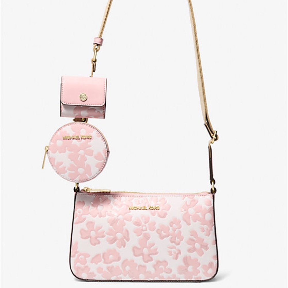 Michael Kors Jet Set Sm Sequined Floral Print Crossbody w Case for Apple AirPod - Picture 3 of 16